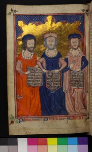 MS Hunter 231 Illustratie van Plato, Seneca en Aristoteles door English School