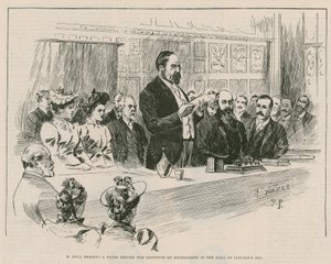 M Emile Zola leest een krant voor het Instituut van Journalisten in de hal van Lincolns Inn, Londen door English School