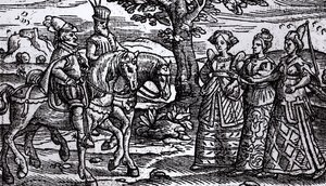 Macbeth, Banquo en de drie heksen, The Historie of Scotlande, 1577 door English School