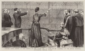 Madame Patti die Meedoet aan het Koor van het Welshe Lied "O Land van Mijn Vaders" op de Royal National Eisteddfod, Brecon, Wales (gravure)