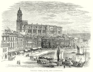 Malaga - Haven, kade en kathedraal (gravure)