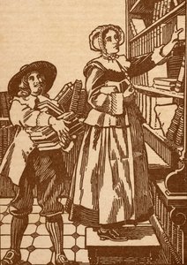 Mannelijke en vrouwelijke boekverkopers aan het werk in een 17e-eeuwse boekwinkel (litho) door English School