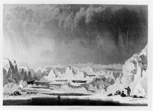 Het slepen van de boten door ijsschotsen, illustratie uit Narrative of an Attempt to Reach the North Pole door William Parry, gegraveerd door Edward Finden, gepubliceerd in 1828