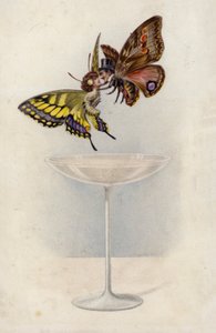 Man en vrouw, als vlinders, zwevend boven een glas champagne