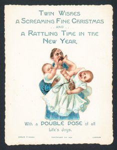 Man houdt schreeuwende tweeling vast, kerstkaart