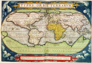 Kaart die de wereldomzeiling van Sir Francis Drake (ca. 1540-96) in kaart brengt, gegraveerd door Frans Hogenburg (1535-90)