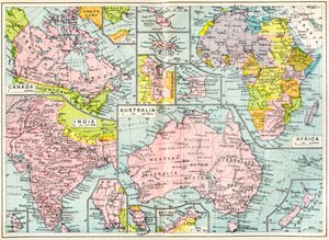 Kaart van Britse bezittingen in 1914 bij het uitbreken van WOI, uit The British Empire Universities Modern English Illustrated Dictionary, pub. 1914