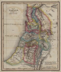 Kaart van Kanaän van het Heilige Land voor algemene doeleinden (gekleurde gravure)