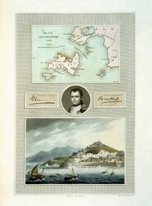 Kaart van Elba en uitzicht op Porto Ferraio met portret van Napoleon en facsimile van zijn handtekening, 1815 door English School