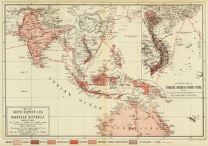 Kaart van Zuidoost-Azië en Noord-Australië; Vergrote kaart van Tonkin, Annam en Cochinchina (kleur litho)