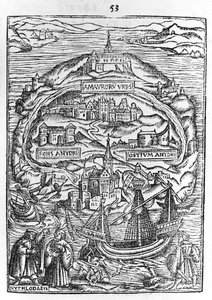 Kaart van het Eiland Utopia, Boek frontispice, 1563 door English School