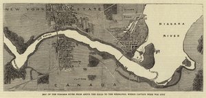 Kaart van de Niagara-rivier van boven de watervallen tot de draaikolk waar kapitein Webb verloren ging door English School