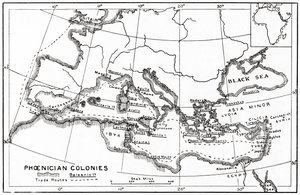 Kaart van de Fenicische koloniën en hun mediterrane handelsroutes