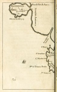 Kaart met de locatie van Brobdingnag uit de eerste editie van Reizen naar verschillende afgelegen landen van de wereld, beter bekend als Gullivers Reizen door Jonathan Swift
