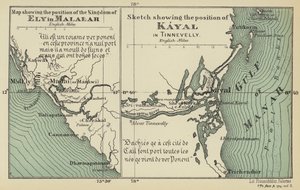 Kaart die de positie van het Koninkrijk Ely in Malabar toont, schets die de positie van Kayal in Tinnevelly toont (kleur litho)