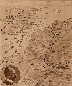 Kaart met het bereik van Duitse kanonnen tot Engeland tijdens de Eerste Wereldoorlog (litho)