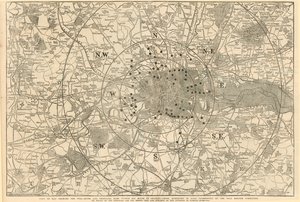 Kaart met tolpoorten en belangrijkste barrières binnen 6 mijl van Charing Cross, tentoongesteld aan Lord Palmerston door het Tolhervormingscomité