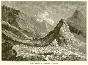 Marmergroeven van Ravaccione, bij Carrara (gravure) door English School