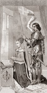 Margaretha van Denemarken met St. Canute, patroonheilige van Denemarken, achter haar met een banier met het kruis van de kruistochten door English School