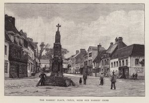 Marktplaats, Crecy, Frankrijk, met het oude marktkruis