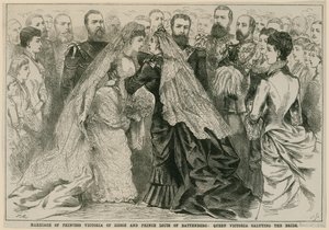 Huwelijk van Prinses Victoria van Hessen en Prins Louis van Battenberg, Koningin Victoria begroet de bruid, 16 mei 1884 door English School