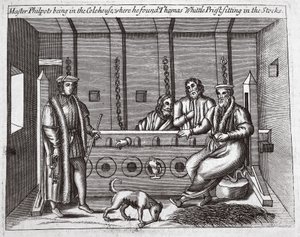 Meester Philpots in het Colehouse, waar hij Thomas Whittle, priester, in de boeien vond, illustratie uit Handelingen en Monumenten van John Foxe, negende editie, uitgegeven 1684 door English School