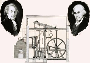 Matthew Boulton en James Watt met een van de gepatenteerde stoommachines door English School
