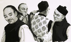 Het meten van de vlechten van het haar van een Chinees door English School