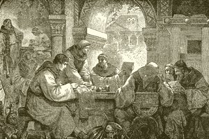 Middeleeuwse cultuur - Monniken in een klooster die boeken verlichten en overschrijven door English School
