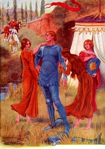 Middeleeuwse Ridder, Morgenster wordt klaargemaakt voor de Strijd. Gekleurde illustratie uit het verhaal van Gareth en Lynette uit het boek The Gateway to Tennyson gepubliceerd in 1910. door English School
