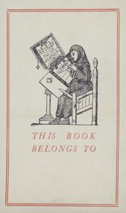 Middeleeuwse schrijver die aan een manuscript werkt, boekbezitlabel (kleur litho)