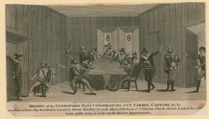 Bijeenkomst van de samenzweerders van het Buskruitcomplot, Guy Fawkes, Catesby, enz. door English School