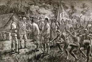 Mehmet Emin Pasha en Gaetano Casati arriveren bij het kamp van Sir Henry Morton Stanley aan de oever van het Albertmeer in 1889
