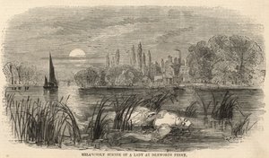 Melancholische zelfmoord van een dame bij Isleworth Ferry (gravure) door English School