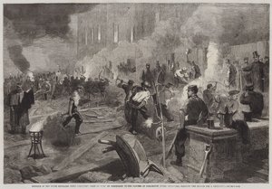Leden van het South Middlesex Rifle Volunteers Corps aan het werk bij fakkellicht in de tuinen van Burlington House, Piccadilly, het terrein vrijmakend voor de oefenloods (gravure) door English School