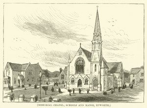 Gedachteniskapel, scholen en pastorie, Epworth (gravure)