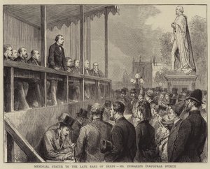 Herdenkingsbeeld voor de overleden Graaf van Derby, inaugurele toespraak van Mr. Disraeli door English School