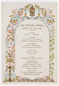 Menu voor het diner van koningin Victoria op maandag 21 juni 1897, de dag voor haar diamanten jubileum
