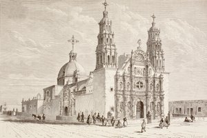 Metropolitane kathedraal op Plaza de Armas, Chihuahua, Mexico in de negentiende eeuw