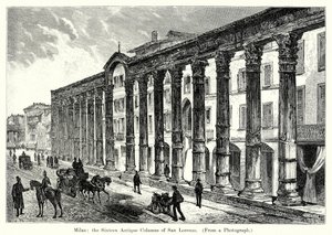 Milaan: de zestien antieke zuilen van San Lorenzo (gravure) door English School