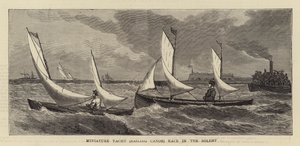 Miniatuurjacht (zeilkano) race in de Solent (gravure)