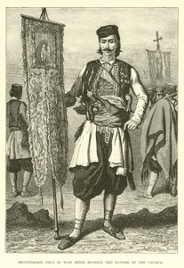 Montenegrijnse Popa in oorlogskleding met de banier van de kerk