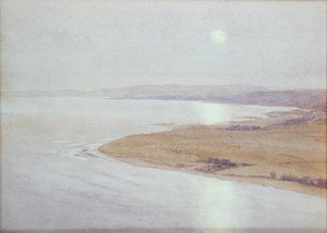 Kustscène bij maanlicht (aquarel op papier) door English School