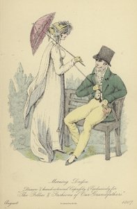Ochtend- en avondkleding voor dames en heren (gekleurde gravure) door English School
