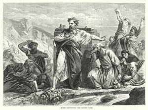 Mozes vernietigt het gouden kalf (gravure) door English School