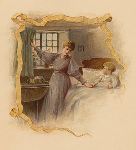 Moeder wekt haar zoon in de ochtend (chromolitho) door English School