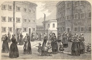 Moeders, met hun kinderen, aan het oefenen in Tothill Fields Prison, illustratie uit The Criminal Prisons of London and Scenes from Prison Life door Henry Mayhew en John Binny, uitgegeven in 1862