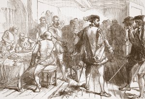 De bende van Moucharis valt de protestanten aan in de herberg in de Faubourg St. Germain, illustratie uit De Geschiedenis van het Protestantisme door James Aitken Wylie, gepubliceerd in 1878