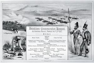 Gemonteerd geïllustreerd menu voor het Balaklava Herdenkingsbanket gehouden in Alexandra Palace, 25 oktober 1875 door English School