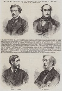 Bewegers en tweedeurs van de toespraken in beide huizen van het parlement, als antwoord op de toespraak van de koningin (gravure)